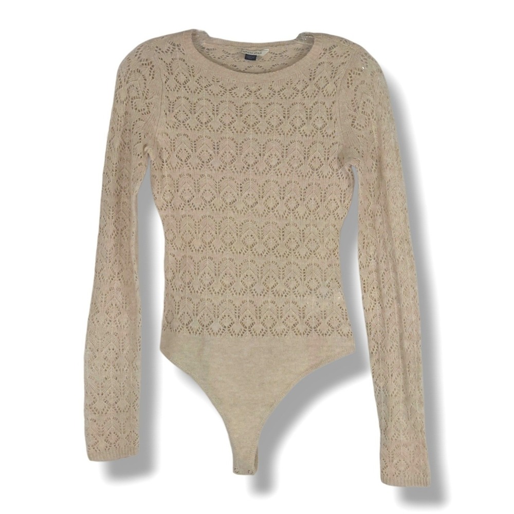 American Eagle Wispy Knit Pointelle Bodysuit Long Sleeve Snap Closure Beige XS